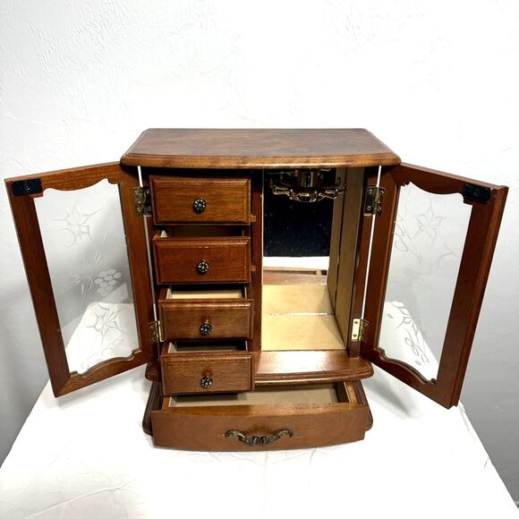 Vintage Jewelry Wood Music Box Etched Floral Glass Doors Mirror 5"x10"x12" - Picture 4 of 8